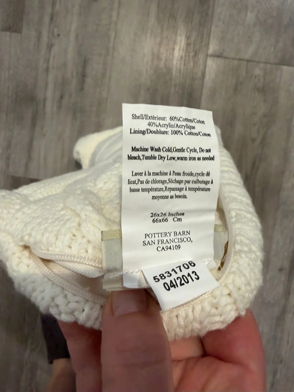 Pottery Barn Chunky Cream Cable Knit Colossal Hand Knit Pillow Cover 26
